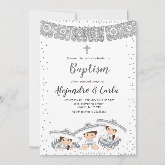 Silver Triplets Boy and Girl Baptism Invitation (Front)