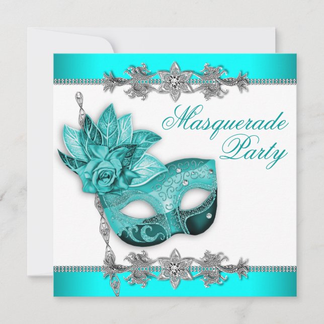 Silver Turquoise Blue Masquerade Party Invitations (Front)