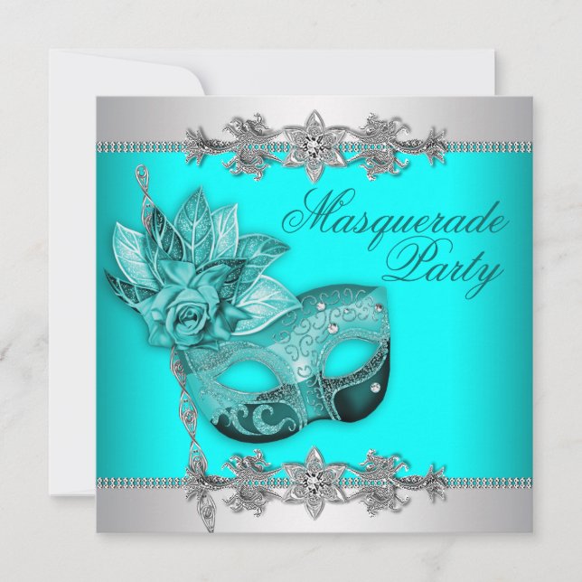 Silver Turquoise Blue Masquerade Party Invitations (Front)