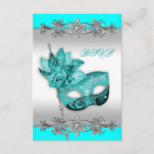 Silver Turquoise Blue Masquerade Party RSVP Card