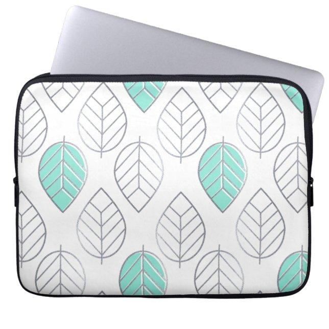 Silver & Turquoise Chic & Modern Leaf Design Laptop Sleeve (Front)