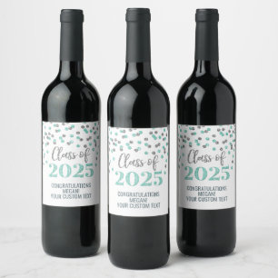 Silver Turquoise Glitter Class of 2025 Graduation Wine Label