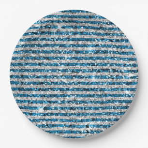 Silver Turquoise Glitter Stripes       Paper Plate
