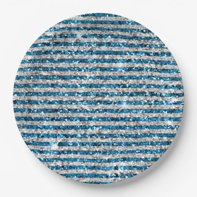 Silver Turquoise Glitter Stripes       Paper Plate (Front)