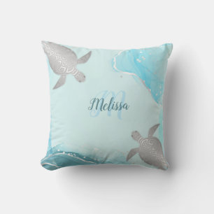 Silver Turquoise Marble Monogram Your Name Cushion