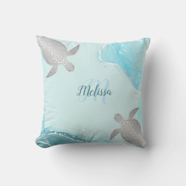 Silver Turquoise Marble Monogram Your Name Cushion (Front)