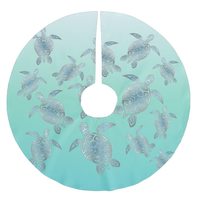 Silver  Turquoise Sea Turtles Pattern Brushed Polyester Tree Skirt (Front)