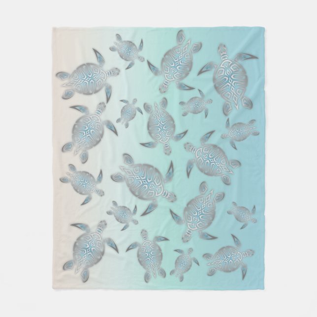 Silver Turquoise Sea Turtles Pattern Coastal Fleece Blanket (Front)