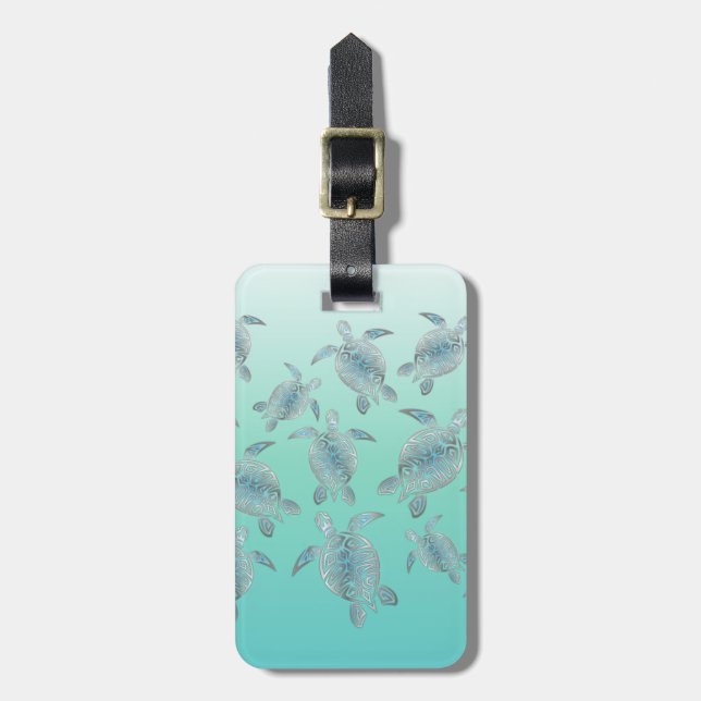 Silver Turquoise Sea Turtles Pattern Luggage Tag (Front Vertical)