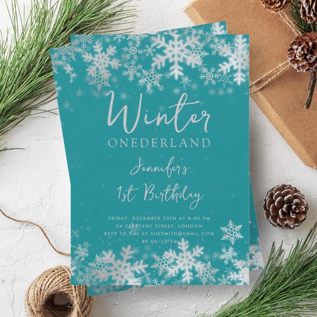 Silver Turquoise Winter ONEDERLAND 1st Birthday Invitation (Silver Turquoise Winter ONEDERLAND 1st Birthday Invitation)