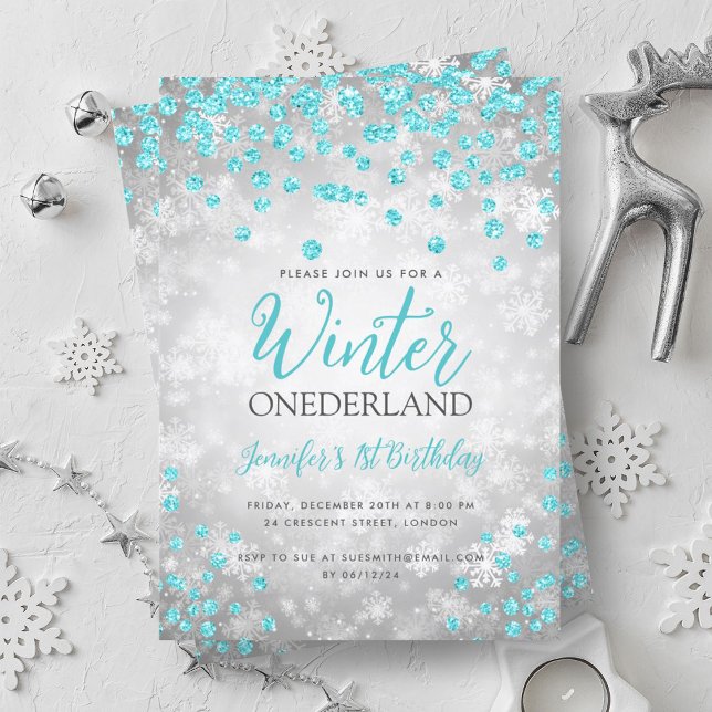 Silver Turquoise Winter ONEDERLAND 1st Birthday Invitation (Silver Turquoise Winter ONEDERLAND 1st Birthday Invitation)