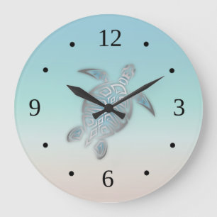 Silver Turtle Coastal Beach Style Modern Numbers Large Clock