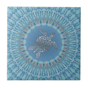 "Silver Turtle Radiance" Tropical Mandala Ceramic Tile