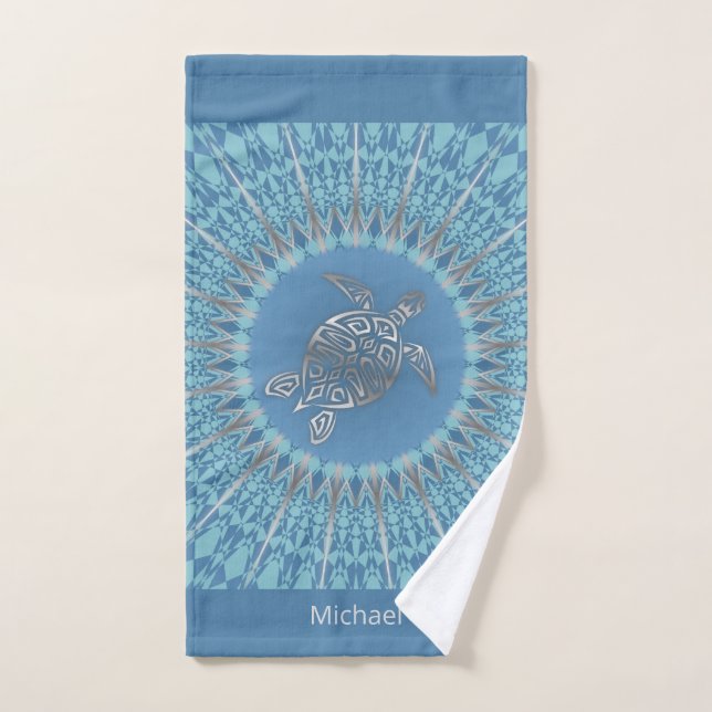 "Silver Turtle Radiance" | Tropical Mandala Hand Towel (Hand Towel)