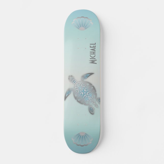 Silver Turtles Beach Style Monogram Coastal  Skate Skateboard (Front)