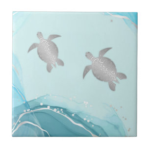 Silver Turtles Blue Ink Background   Coastal  Ceramic Tile