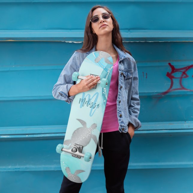 Silver Turtles Blue Marble Monogram Your Name  Skateboard (Creator Uploaded)