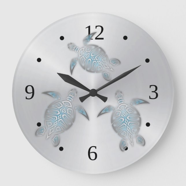 Silver Turtles Coastal Modern Numbers Large Clock (Front)