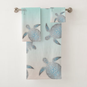 Silver Turtles Initials Your Name Turquoise Beige Bath Towel Set