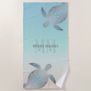 Silver Turtles Initials Your Name Turquoise Beige Beach Towel