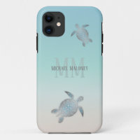 Silver Turtles Initials Your Name Turquoise Beige 