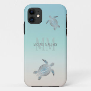 Silver Turtles Initials Your Name Turquoise Beige  iPhone 11 Case
