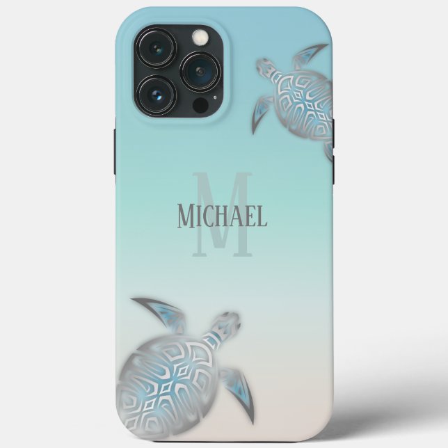 Silver Turtles Initials Your Name Turquoise Beige Case-Mate iPhone Case (Back)