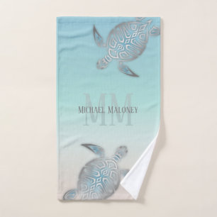 Silver Turtles Initials Your Name Turquoise Beige Hand Towel