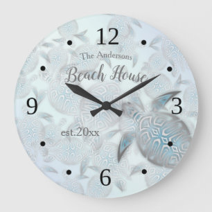 Silver Turtles Pattern Family Name Coastal  Large Clock