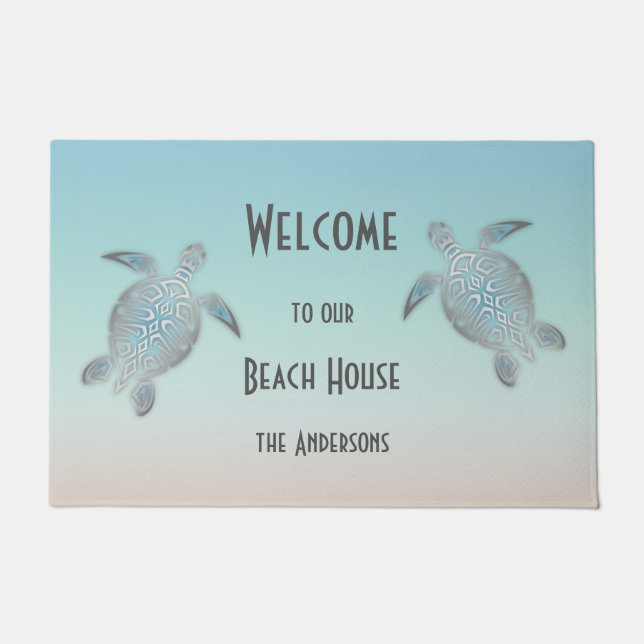 Silver Turtles Turquoise Beach House Doormat (Front)