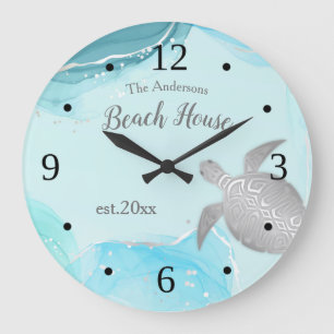Silver Turtles Turquoise Ink Family Name Coastal Large Clock