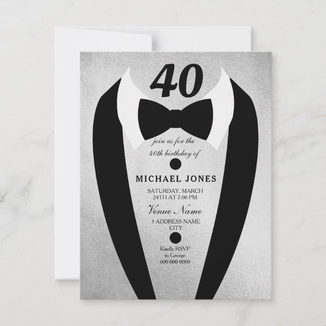 Silver Tuxedo Mens 40th Birthday Party Invite (Front)