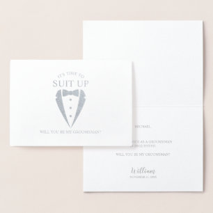 Silver Tuxedo Suit Personalised Groomsman Proposal Foil Card