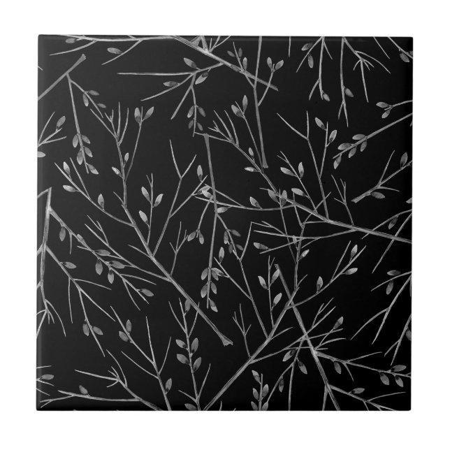 Silver Twigs on Black Ceramic Tile (Front)