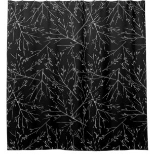 Silver Twigs on Black Shower Curtain