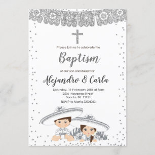 Silver Twin Boy and Girl Baptism Invitation