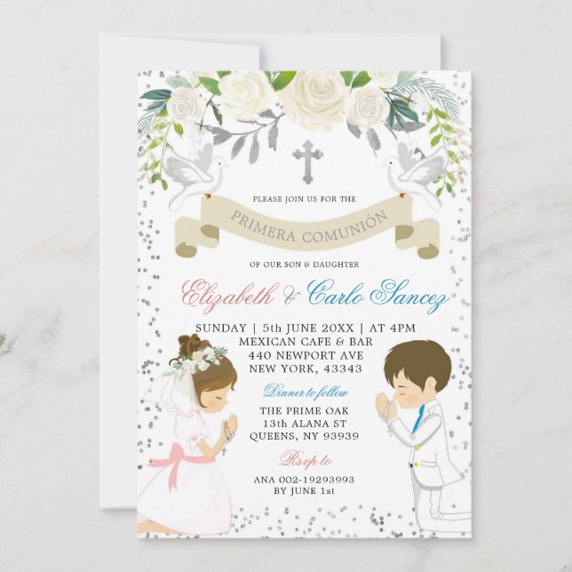 Silver Twin Boy Girl Kneel First Holy Communion Invitation (Front)