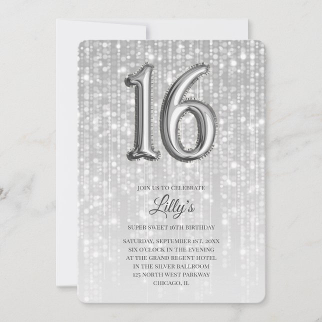 Silver Twinkle Lights Foil Balloon 16th Birthday Invitation (Front)
