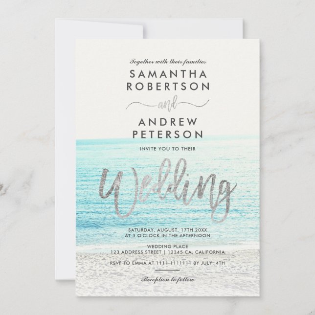 Silver typography beach photo wedding invitation (Front)
