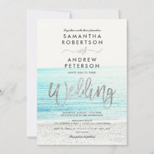 Silver typography beach photo wedding invitation