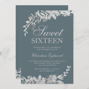 Silver typography floral dusty blue chic Sweet 16 Invitation