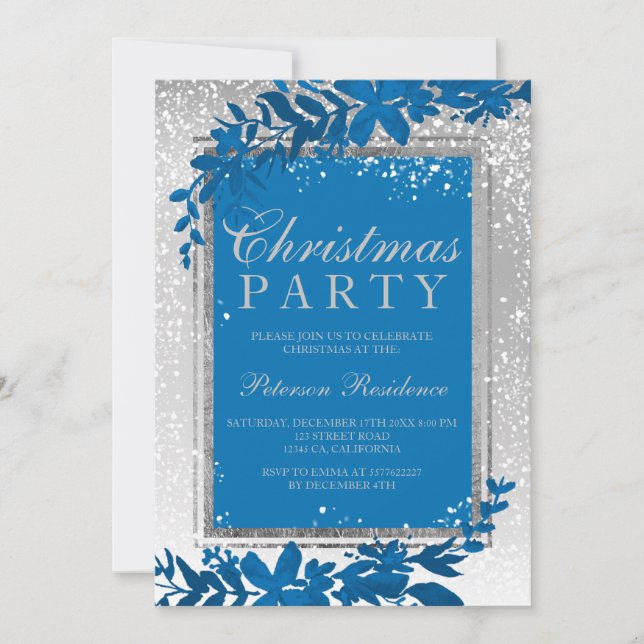 Silver typography leaf snow elegant chic Christmas Invitation (Front)