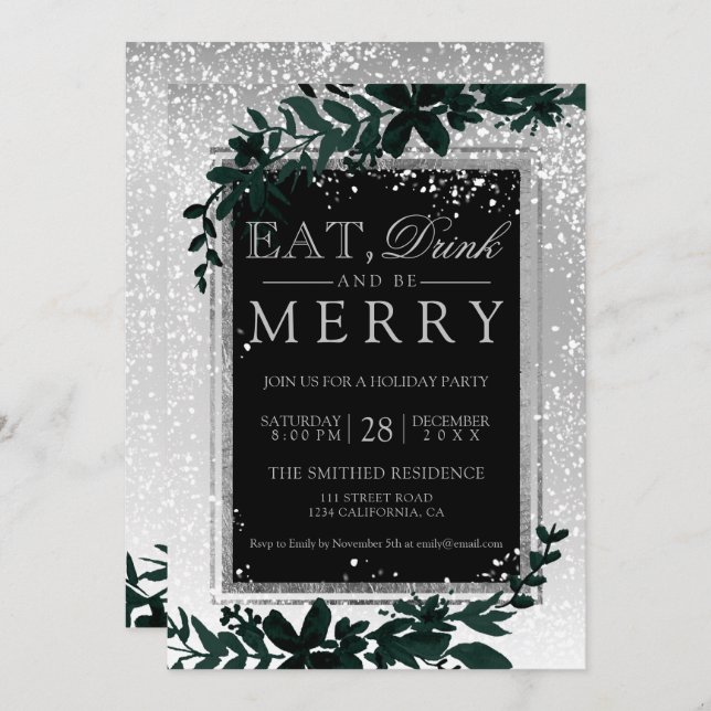 Silver typography leaf snow elegant eat Christmas Invitation (Front/Back)