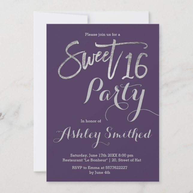 Silver typography purple simple Sweet 16 Invitation (Front)