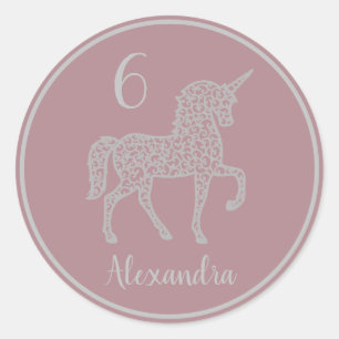 Silver Unicorn birthday party Own name Classic Round Sticker