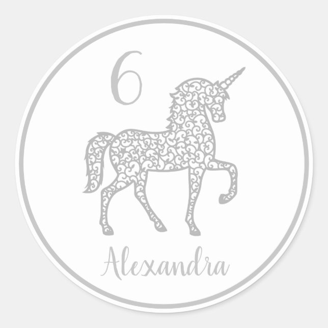 Silver Unicorn birthday party Own name Classic Round Sticker (Front)