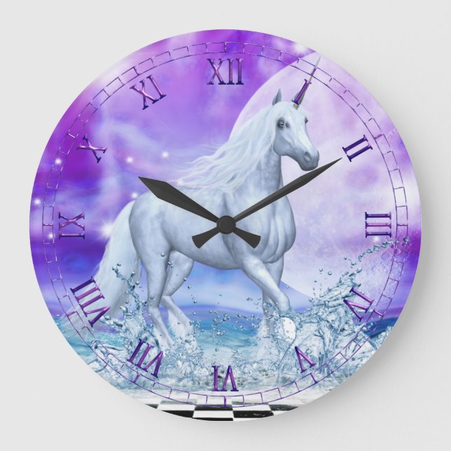 Silver Unicorn Dancing in Water Wall Clock (Front)