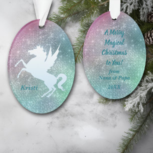 Silver Unicorn on Holiday Sparkle Personalised Ornament
