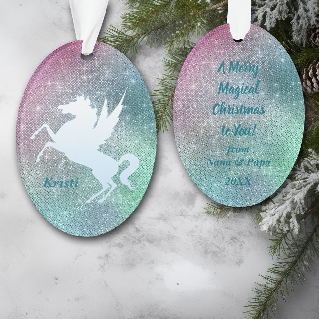 Silver Unicorn on Holiday Sparkle Personalised Ornament (Creator Uploaded)