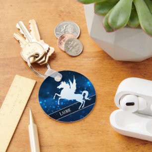 Silver Unicorn on Sparkly Blue Monogram Key Ring